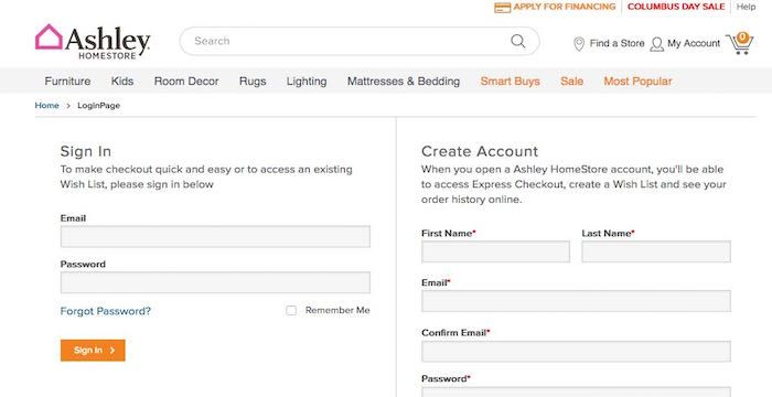 Ashley Furniture credit card login page